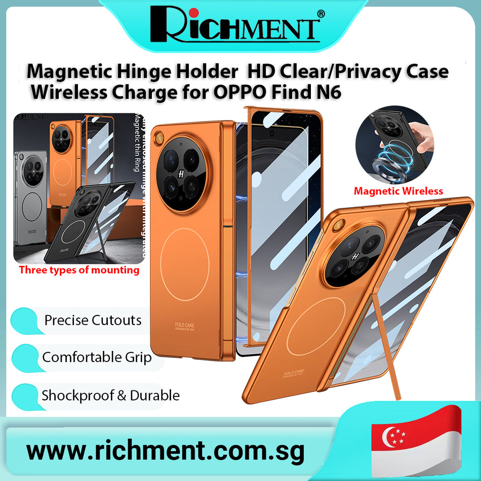 ✅SG Brand🔥】RICHMENT Magnetic Hinge Armor Holder HD Clear/Privacy Case for OPPO Find N6 Case Screen Glass Al-included [case friendly]scratch-resistant, fingerprint-resistant, smooth to the touch, full coverage