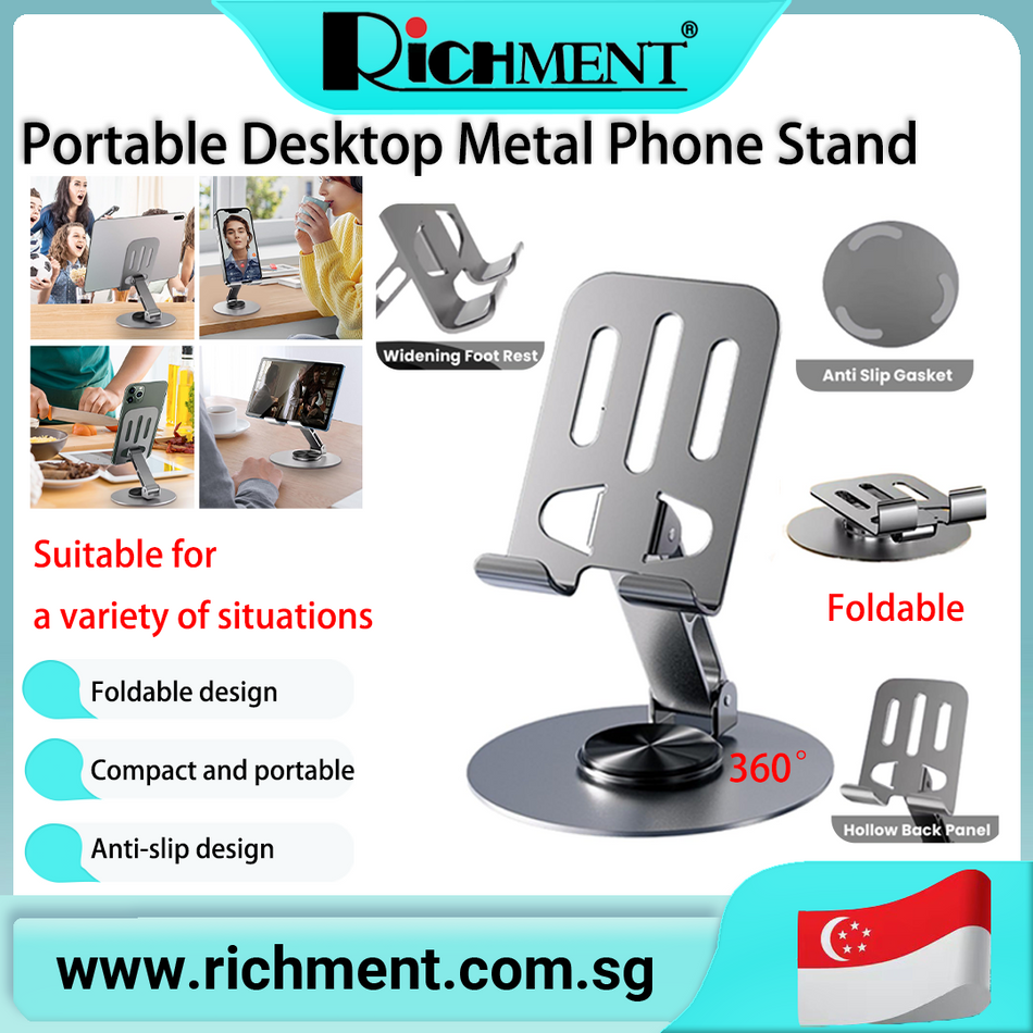 【✅SG Brand🔥】RICHMENT Adjustable Phone Holder Metal 360 ° Rotating Folding Cellphone Desktop Stand New All-Metal Portable  Anti Slip Foldable Regulate Portable Lazy Desktop Live Mobile Phone Stand Mount  5.0  3 ratings