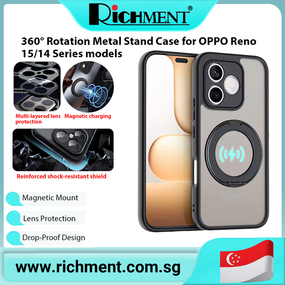 【✅SG Brand🔥】RICHMENT Compatible 360°Rotating Magnetic Mount Matte Translucent Phone Protective Case Phone Cover Shockproof Case for OPPO  Reno 15/OPPO Reno 15 f/OPPO  Reno 15 Pro/OPPO  Reno 15 ProMax/OPPO  Reno 14/OPPO  Reno 14 Pro/OPP0 Reno 14 f