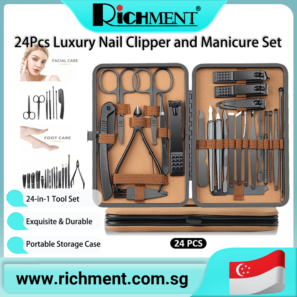 【✅SG Brand🔥】RICHMENT Nail Clipper Set 24-Piece Set Eagle-Billed Nail Clipper Manicure Beauty Pedicure  Luxurious Beauty tools – portable Festive gifts