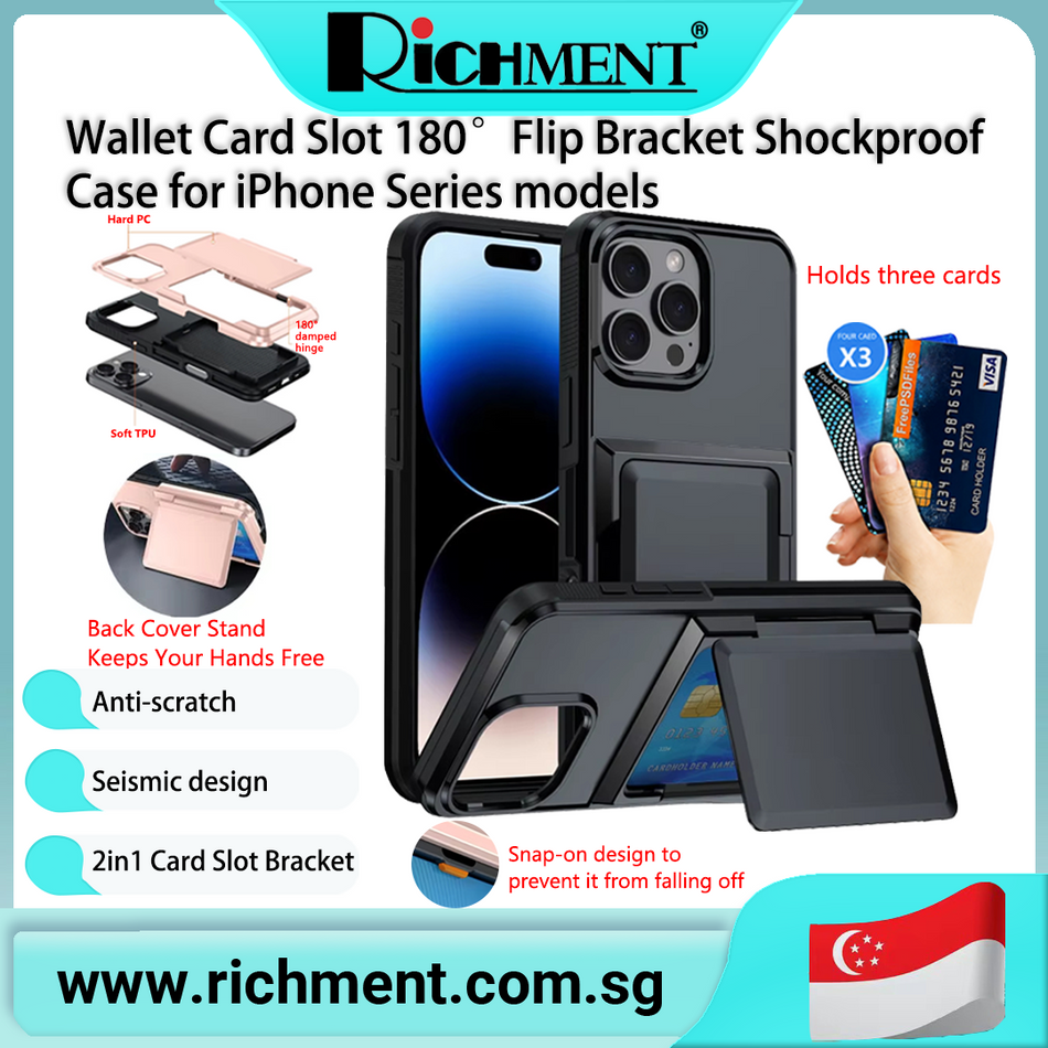 【✅SG Brand🔥】RICHMENT Wallet Card Slot 180° Flip Bracket Shockproof Armour Cover Plug-in Card Case for iPhone 17/17Pro/16