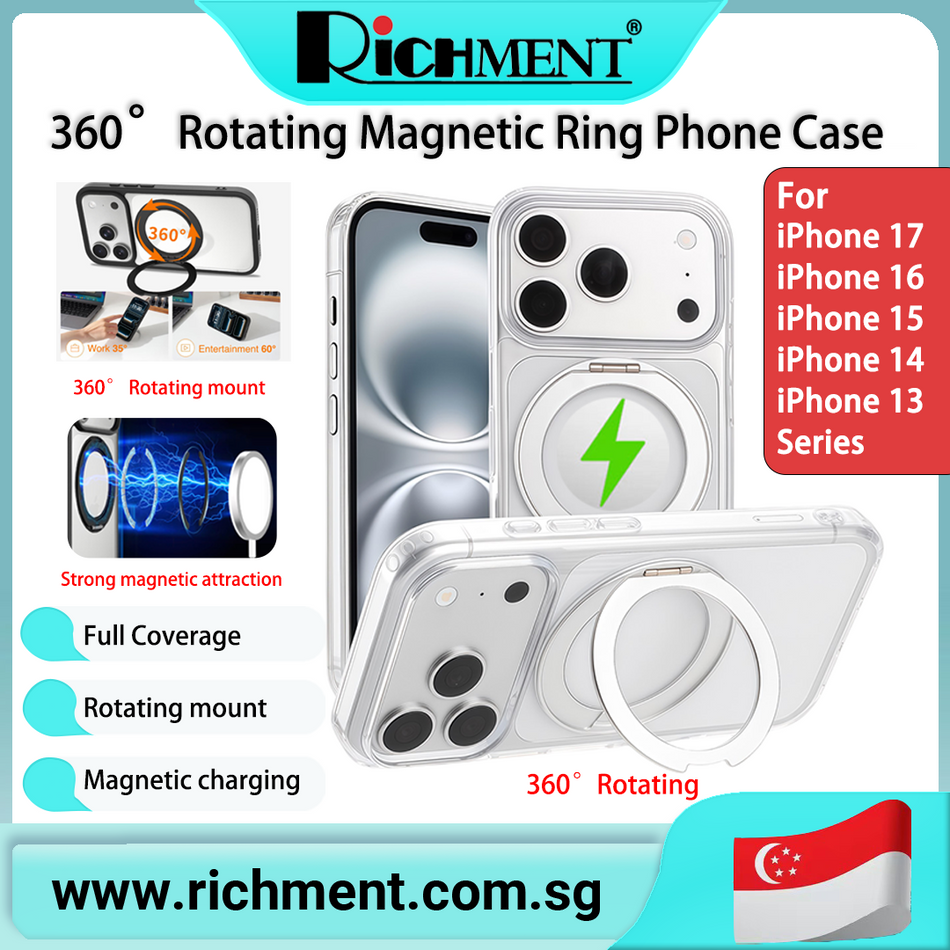 【✅SG Brand🔥】RICHMENT Clear Magnetic Ring Kickstand Case for iPhone17/17 Air/17 Pro /17 Pro Max/16/ 16 Pro/16 Plus/15/15 Pro/15 Pro Max/14/ 14 Plus/13/13 Pro/13 Pro Max, Strong Magnetic  Support Wireless Charging, 360° Rotating Stand,  Anti-Yellowing