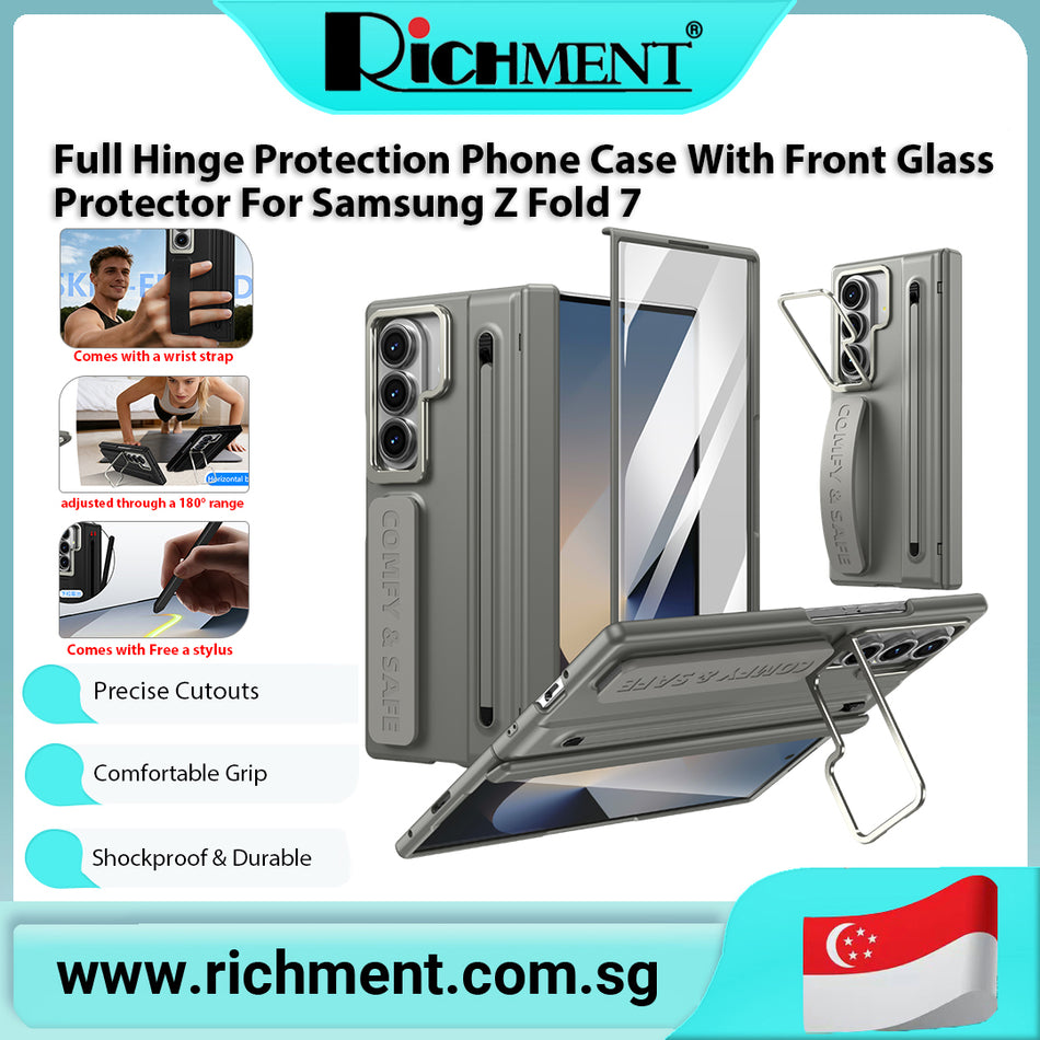 【✅SG Brand🔥】RICHMENT Metal Camera Lens Bracket Wrist Strap Full Hinge Protection Camera Holder Hinge Protection PC Hard Phone Case With Front Glass Protector For Samsung galaxy Z Fold 7/Samsung galaxy  Z Fold 8/Samsung galaxy Z Fold 8 UItra