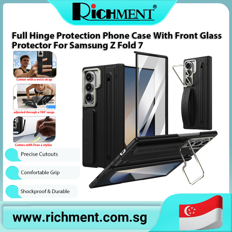 【✅SG Brand🔥】RICHMENT Metal Camera Lens Bracket Wrist Strap Full Hinge Protection Camera Holder Hinge Protection PC Hard Phone Case With Front Glass Protector For Samsung Z Fold 7
