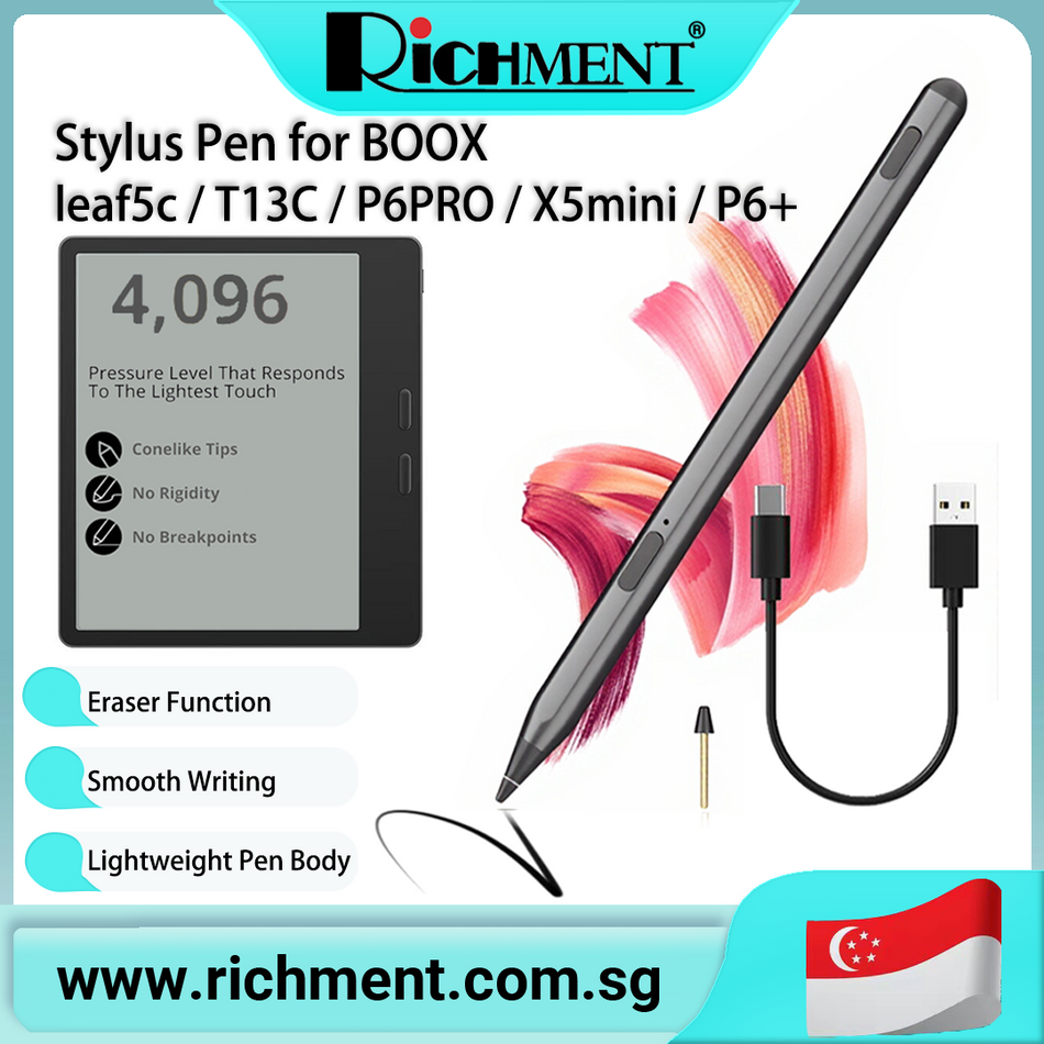 【✅SG Brand🔥】RICHMENT Stylus Capacitance Pen for BOOX Leaf5c/T13C/P6PRO/X5mini/P6+ A stylus featuring palm rejection, rechargeable battery and 4096 levels of pressure sensitivity, supplied with a charging cable
