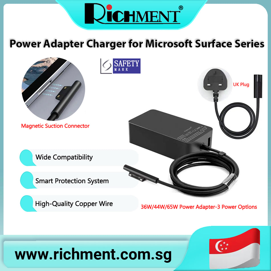 【✅SG Brand🔥】RICHMENT 65W Surface Pro Charger Compatible with Microsoft Surface Pro 10, 9, 8, 7+, 6, 5, 4, 3, X, Windows Surface Laptop 6, 5, 4, 3, 2, 1, Surface Go Tablet, Surface Book 3, 2, 1, 44W, 36W 65W