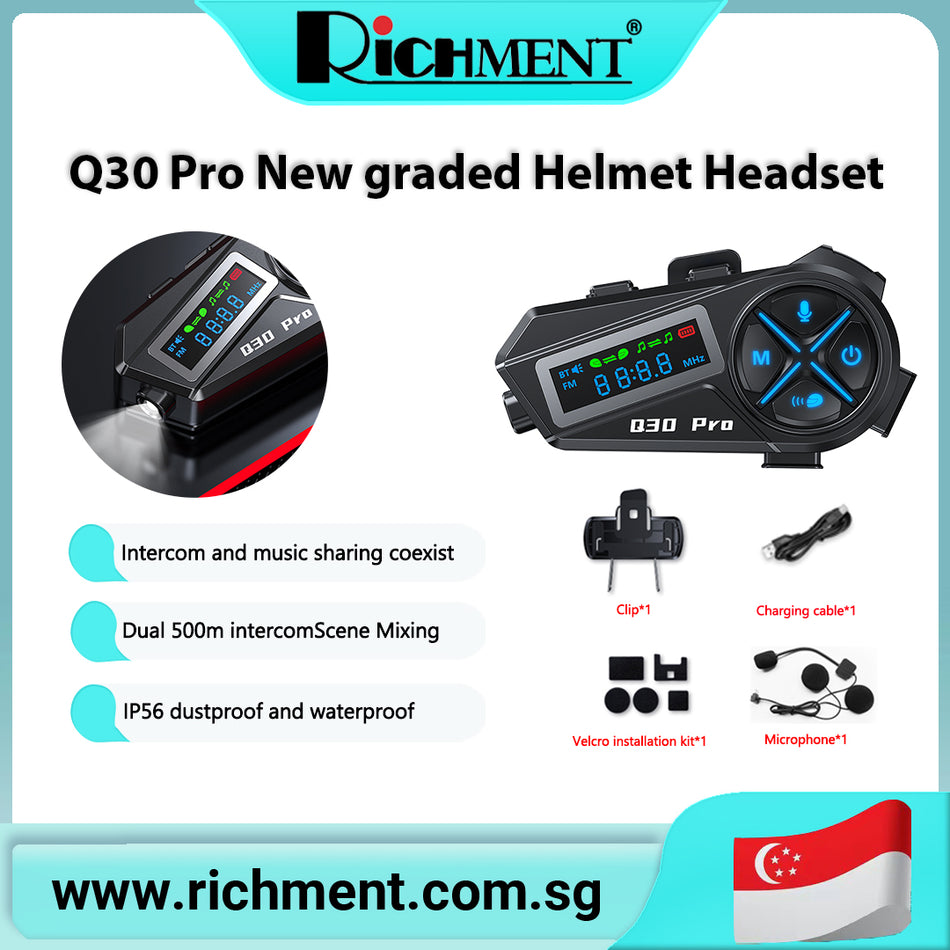 【✅SG Brand🔥】RICHMENT Q30  2-in-1 Integrated Hard-Shell Helmet Headset with LCD Screen and Flashlight, Featuring Intercom Functionality