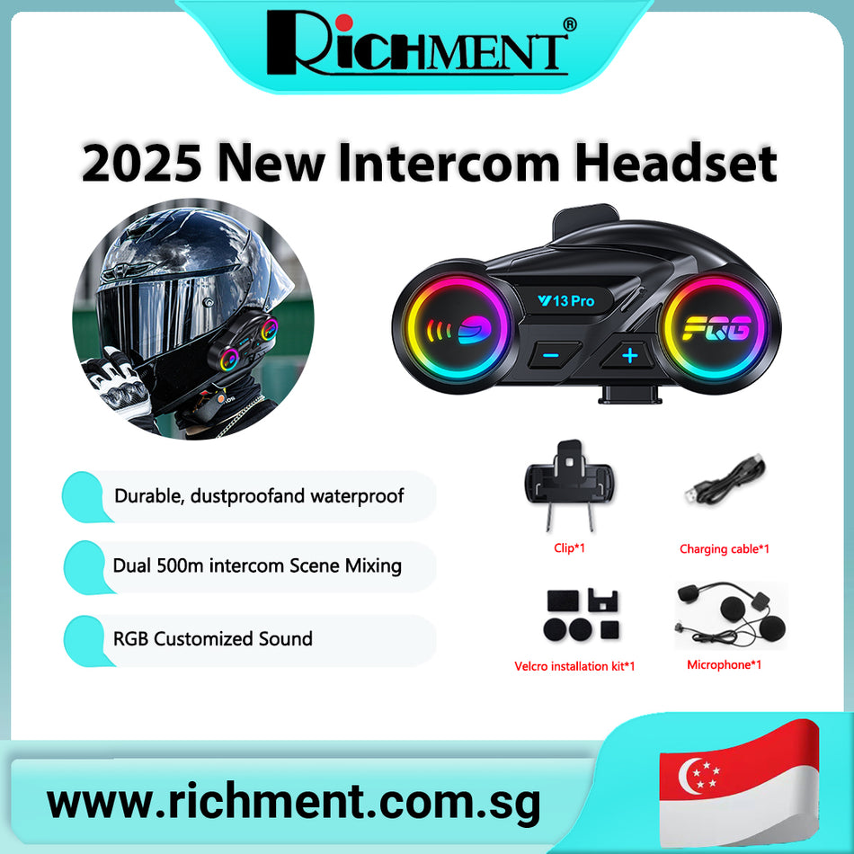 【✅SG Brand🔥】RICHMENT Y13 Pro   2-in-1 Integrated Hard-Shell Helmet Headset with LCD Screen and Flashlight Featuring Intercom Functionality