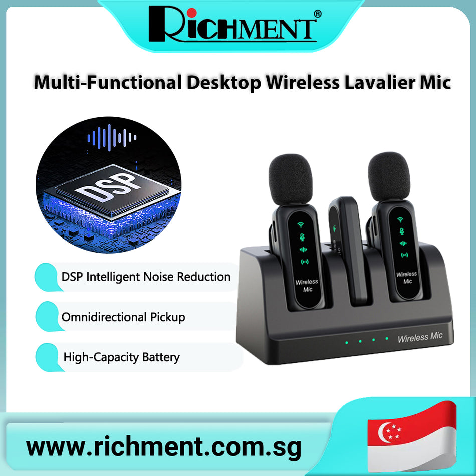 【✅SG Brand🔥】RICHMENT Professional Wireless Lavalier Microphone for iPhone, Android, Camera, Wireless Mini Microphones, Crystal Clear Sound Quality for Recording, Live Streaming, YouTube, TikTok, Elegant Black