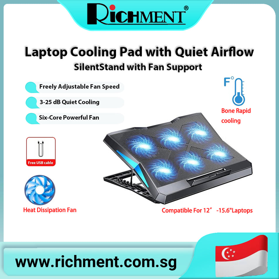 【✅SG Brand🔥】RICHMENT ICE COOREL Laptop Cooling Pad with 6 Cooling Fans, Cooling Pad for Laptop Fan 12-15.6 Inch, Laptop Cooler Stand with 6 Height Adjustable, Notebook Cooler Pad with Two USB Port