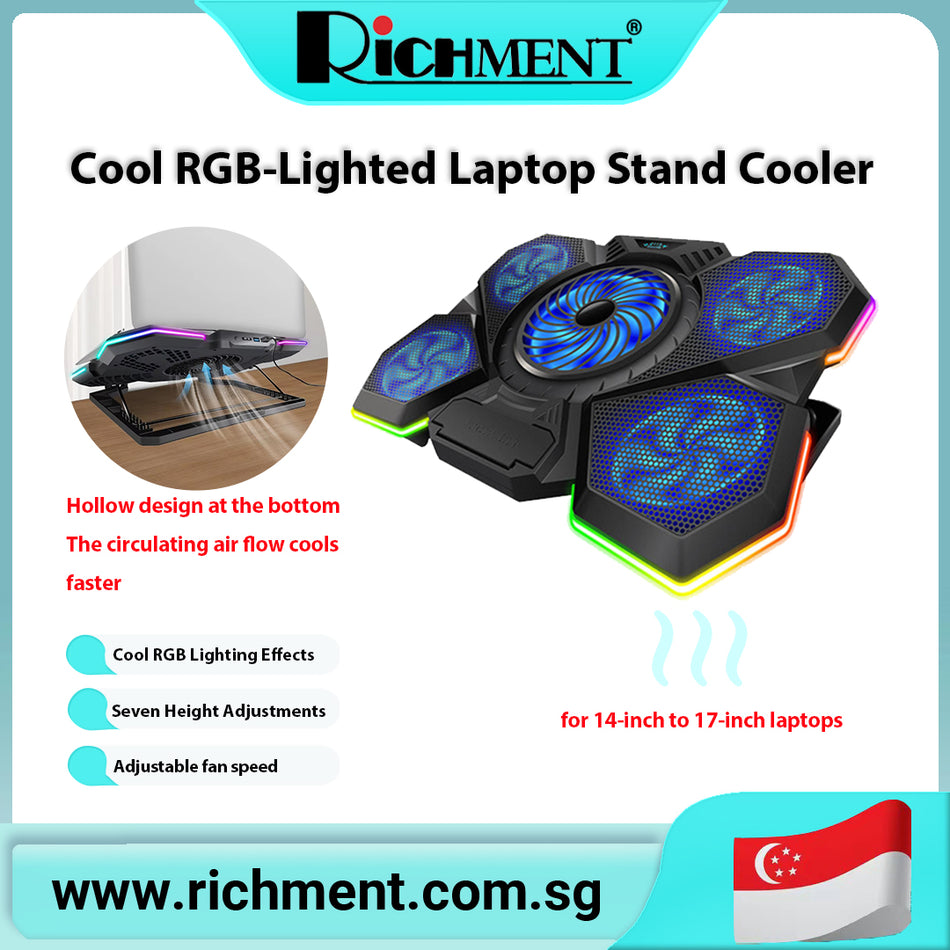 【✅SG Brand🔥】RICHMENT Upgraded Laptop Cooling Pad with Thermoelectric Cooler and 4 Fans, Powerful Laptop Cooler, Independent Control, Multi-Gear Adjustment, RGB, 14-21 Inch Laptop Stand (Laptop Cooling Pad)