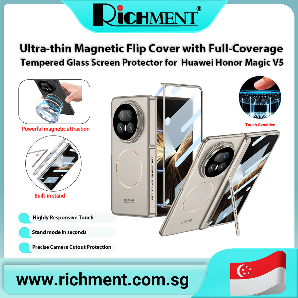 【✅SG Brand🔥】RICHMENT Front Screen Protector, Hinge Protection All-Inclusive Cover Rugged Shockproof Protective Cover, Magnetic Slim Phone Case 360° Rotatable Ring Stand  for Huawei Honor Magic V5