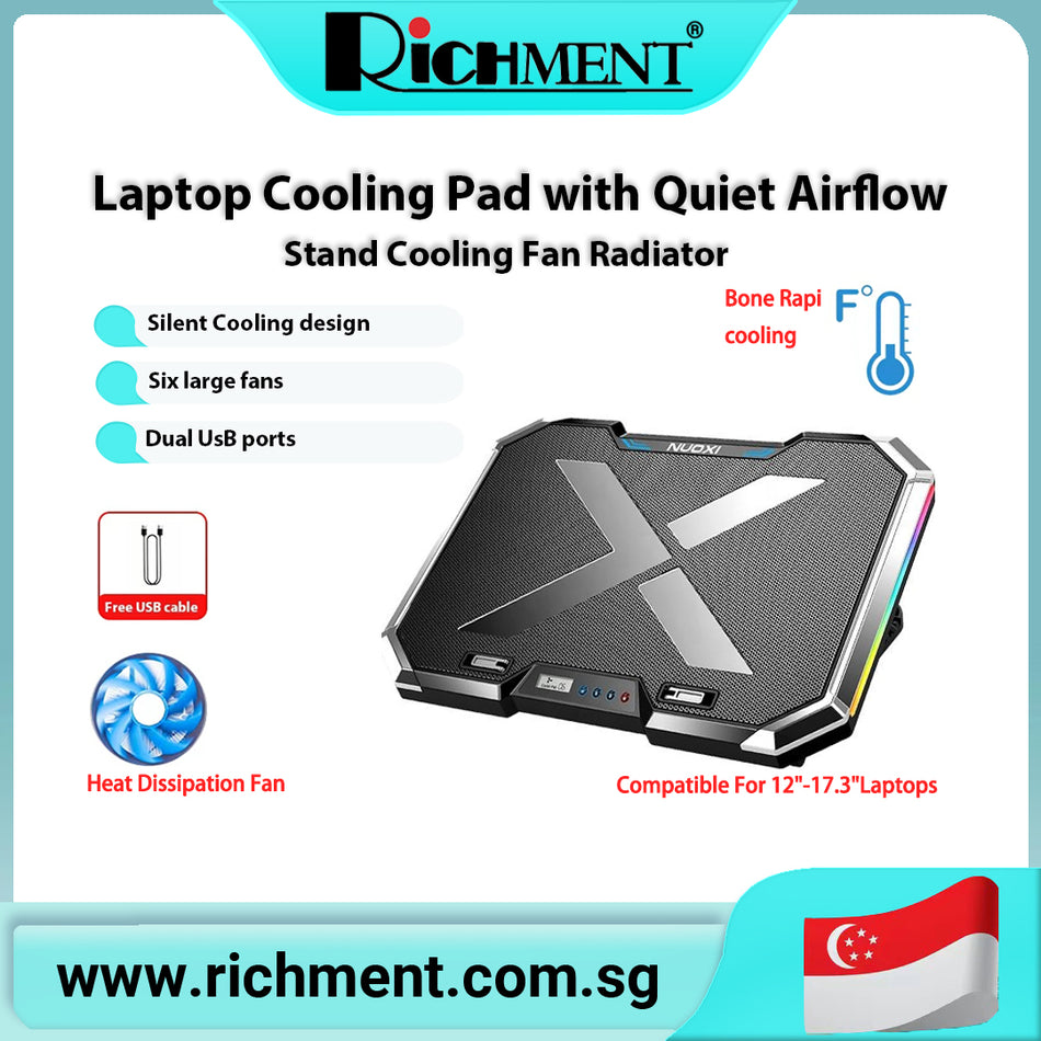 【✅SG Brand🔥】RICHMENT Q8 ICE COOREL Laptop Cooling Pad with 6 Cooling Fans, Cooling Pad for Laptop Fan 12-17.3 Inch, Laptop Cooler Stand with 6 Height Adjustable, Notebook Cooler Pad with Two USB Port
