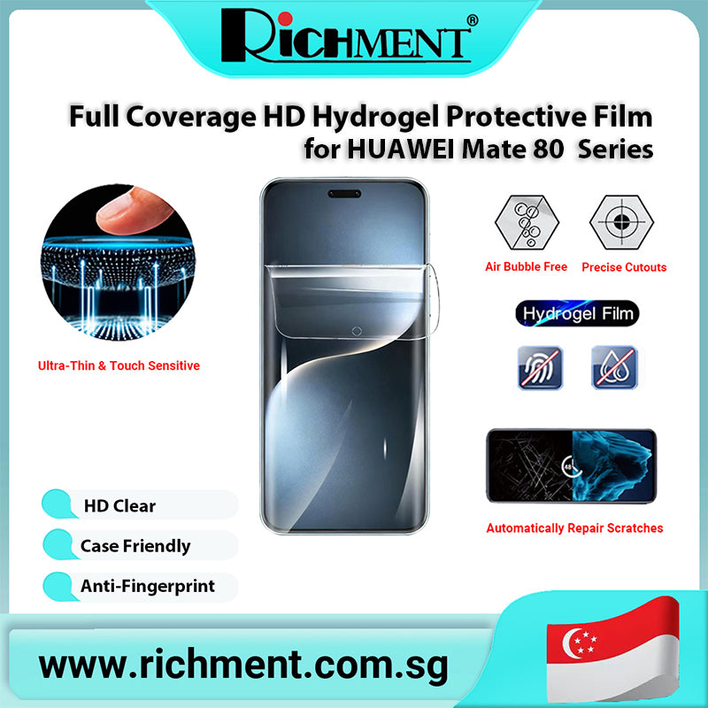 【✅SG Brand🔥】RICHMENT Clear Hydrogel Screen Protector for HUAWEI Mate 80/Mate 80 Pro Max/Mate 80RS | HD Crystal Clear Film | Fingerprint Unlock Friendly Bubble Free Full Coverage Scratch Resistant Soft Screen Protector