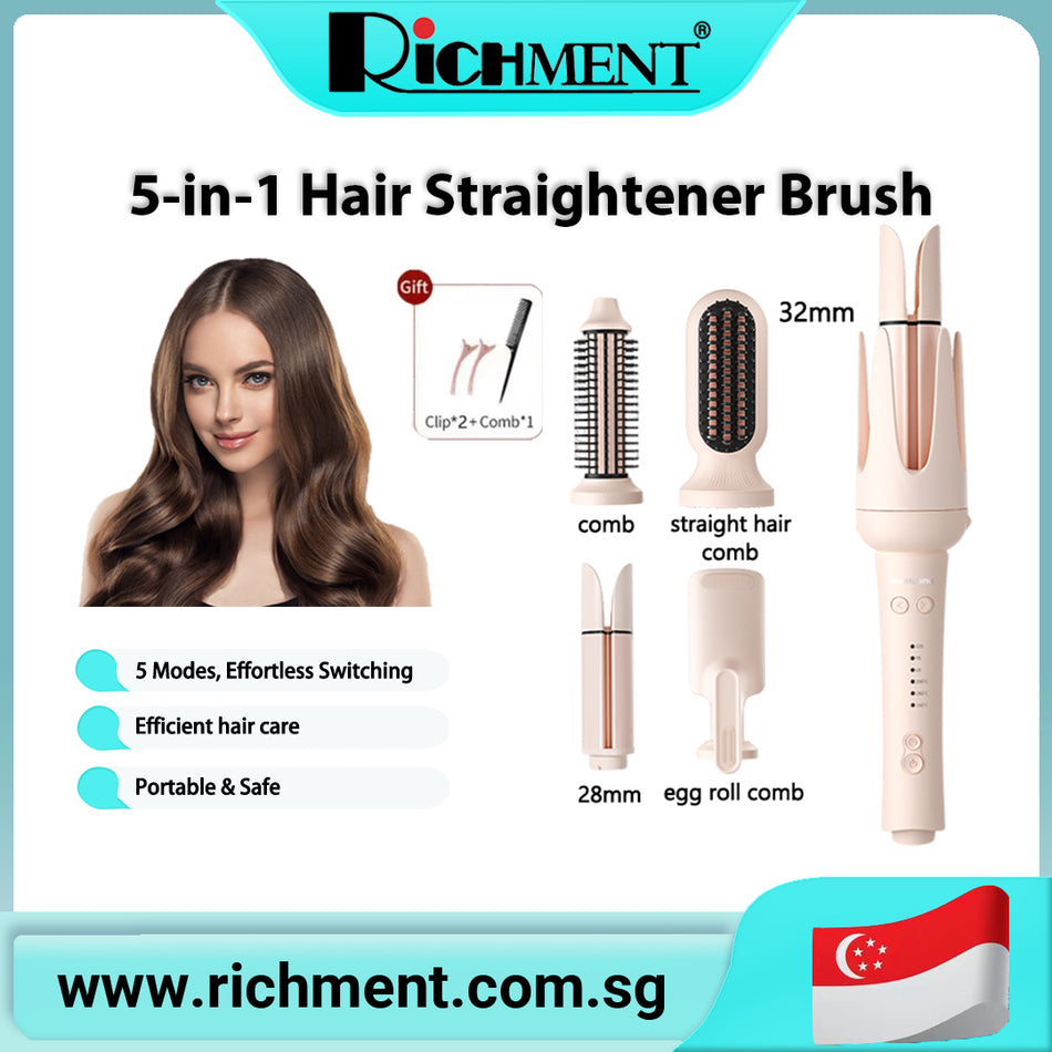 【✅SG Brand🔥】RICHMENT 5 in 1 Curling Wand Set, 3 Barrel Curling Iron Set with 1.5" Thermal Brush and 4 Interchangeable Ceramic Curling Wand (0.5-1.25"), Fast Heating Hair Curler, Dual Voltage, Include Comb & Glove & Clips