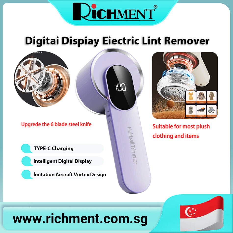 【✅SG Brand🔥】RICHMENT Cold-Weather Rechargeable Fabric Shaver Fuzz Remover with Digital Display Sweater Shaver with Six-Blade System and Safety Lock Three-Speed Lint Remover for Clothing, Furniture, Sofas, and Blankets
