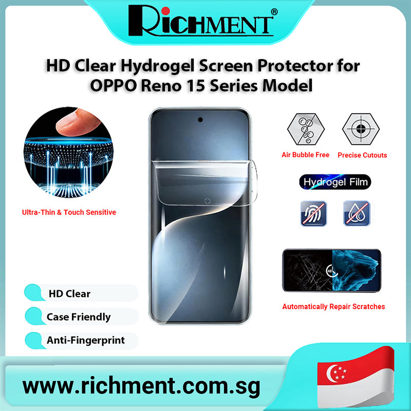 【✅SG Brand🔥】RICHMENT Clear Hydrogel Screen Protector for OPPO Reno 15/15C/15 Pro/15Pro Max HD Crystal Clear Film | Fingerprint Unlock Friendly Bubble Free Full Coverage Scratch Resistant Soft Screen Protector