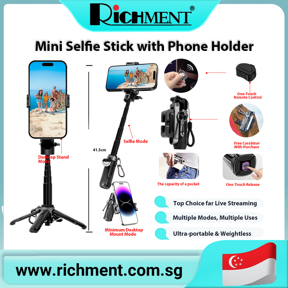 【✅SG Brand🔥】RICHMENT Mini Selfie Stick Tripod, 41.5cm Extendable Grip Phone Tripod with Detachable Remote Pocket Size, 4-in-1 Mini Phone Grip, 10m Wireless Shutter, Vlog Livestreaming Photography fo Travle Home