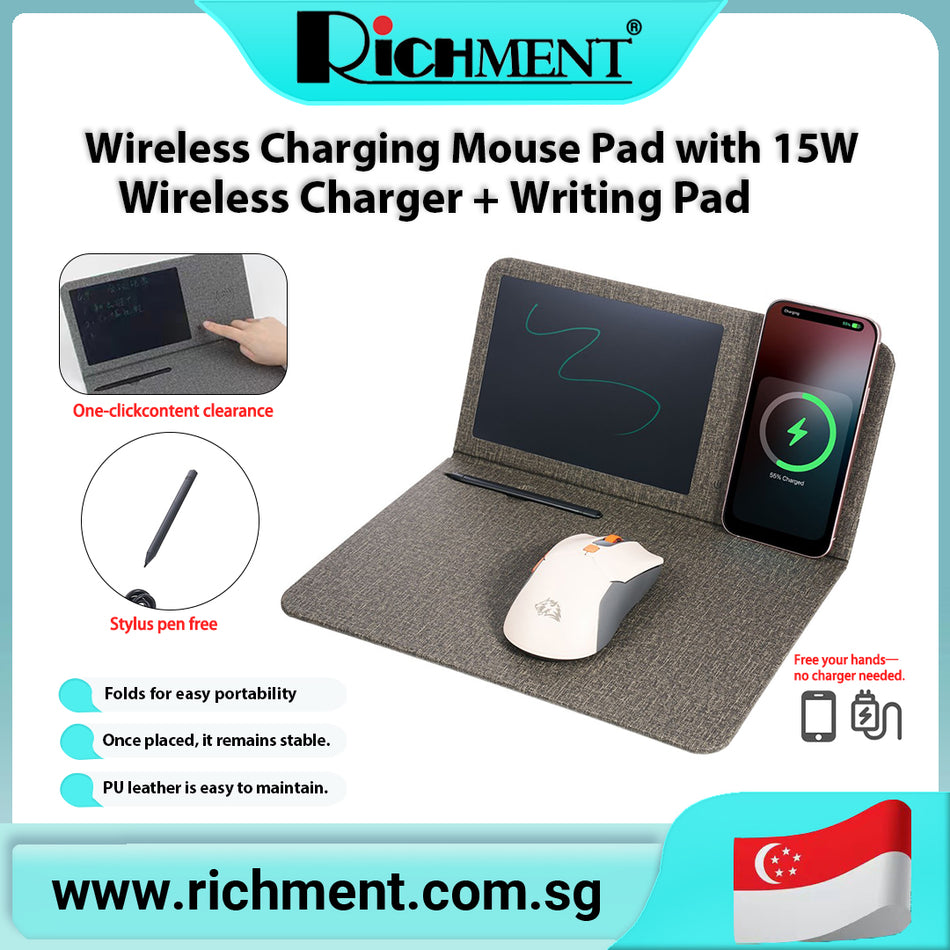 【✅SG Brand🔥】RICHMENT  Foldable Multi-Function Writing Pad with Wireless Charging Mouse Pad Meeting Notes Gift with 15W Fast Charging PU Leather Mouse Pad Wireless Charger 3-in-1 Writing Notebook