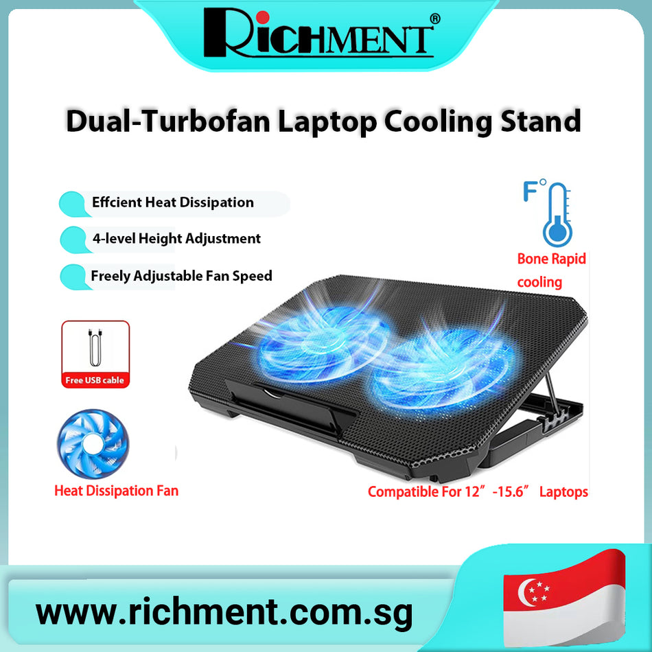 【✅SG Brand🔥】RICHMENT Q100 ICE COOREL Laptop Cooling Pad with 2 Cooling Fans, Cooling Pad for Laptop Fan 12-15.6 Inch, Laptop Cooler Stand with 6 Height Adjustable, Notebook Cooler Pad with Two USB Port