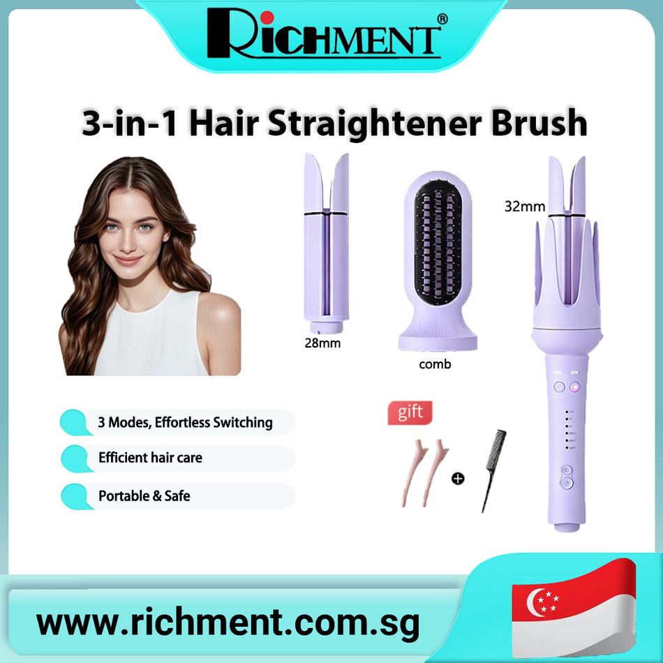 【✅SG Brand🔥】RICHMENT 3 in 1 Multifunctional Hot Tool, Automatic Curling Irons with 2 Ceramic Barrel(1", 1.25") & Hair Straightener Brush, Hair Curler & Straightening Comb with 3 Temp & Timer & Negative Ions