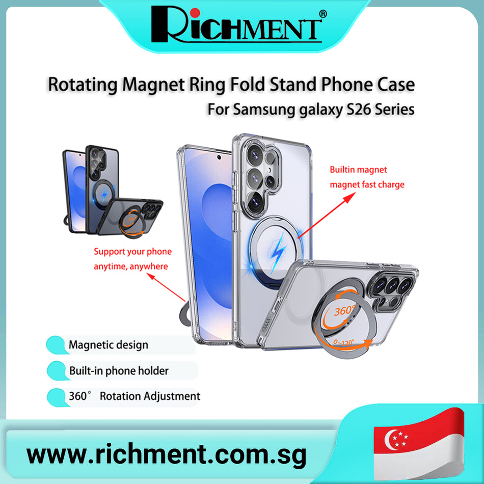 【✅SG Brand🔥】RICHMENT  Rotating Magnet Ring  Stand  Case – 360° Rotating Kickstand Stand,Wireless Charging  Wireless Charging Compatible, Air Cushion Anti-Fall Corners, Car Mount Support  for Samsung Galaxy S26
