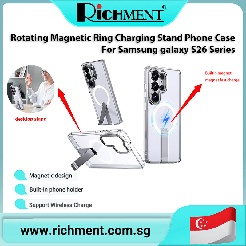 【✅SG Brand🔥】RICHMENT Rotating Magnet Ring Stand Case –  Stand,Wireless Charging Wireless Charging Compatible, Air Cushion Anti-Fall Corners, Car Mount Support for Samsung Galaxy S26/S26 Plus/S26 Ultra