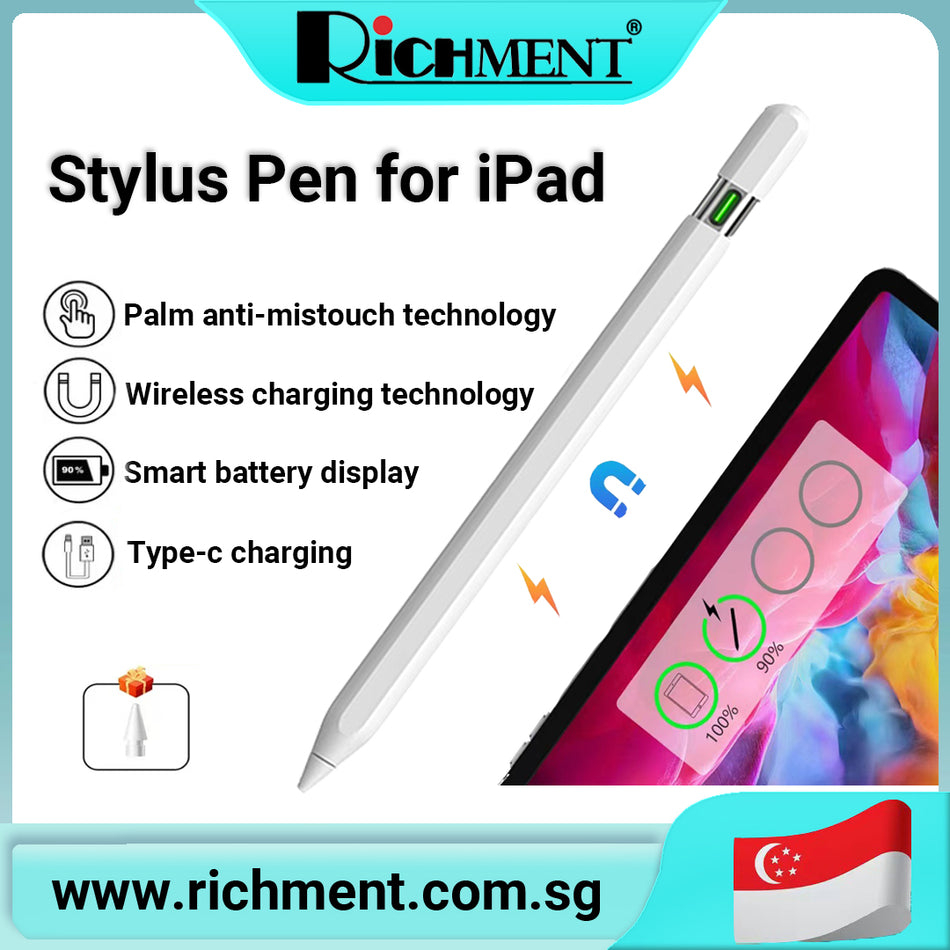 【✅SG Brand🔥】RICHMENT Stylus Pen for iPad with Palm Rejection,Active Pencil Compatible with iPad (2018-2022) Magnetic Rechargeable for Precise Writing/Drawing-4 Power Indicator Lights