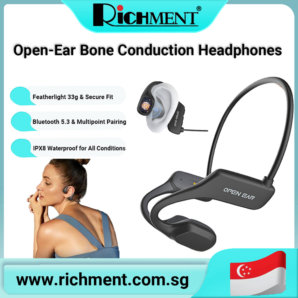 【✅SG Brand🔥】RICHMENT Bone Conduction Headphones, Wireless Open-Ear Sports Headset, Bluetooth 5.3 Wireless Sports Headphones with Mic, Waterproof Earphones for Running, Cycling, Workout, Gift