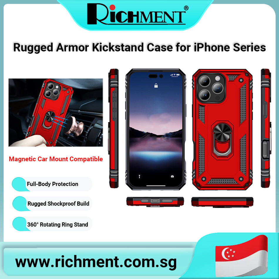 【✅SG Brand🔥】RICHMENT Shockproof Ring Stand Phone Case for iPhone 16/15/14/13/12/11/X Series – Magnetic Mount Compatible