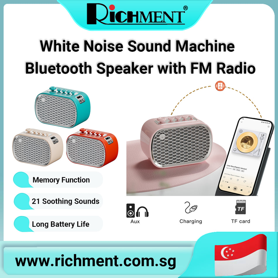 【✅SG Brand🔥】RICHMENT Portable Mini Bluetooth Speaker with FM Radio 8 Sleep Sounds White Noise Natrual Machine Audio Sleep aid Sound System Small Bluetooth Speaker, Baby, Adults, Rechargeable