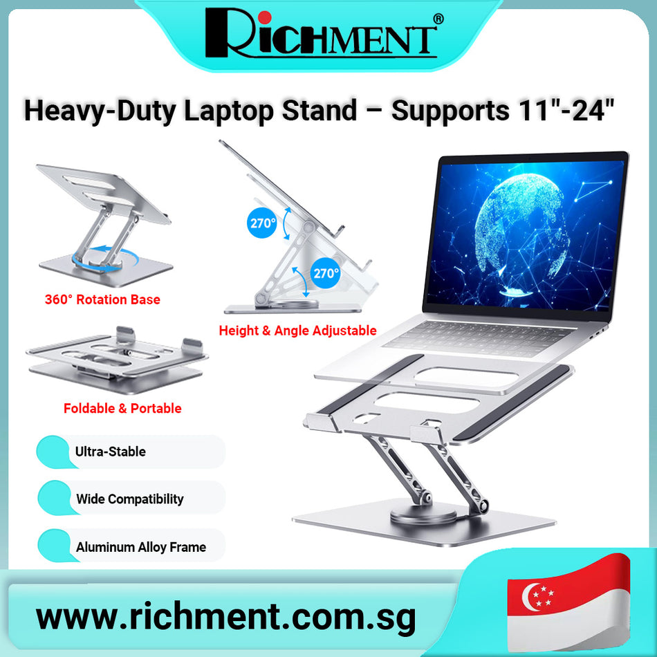 【✅SG Brand🔥】RICHMENT Heavy-Duty Adjustable Laptop Stand with 360° Rotating Base – Ergonomic Aluminum Holder for 11"–24" Laptops & Tablets, Supports Gaming & Large Laptops |🎁 Perfect Gift for Birthday & Christmas