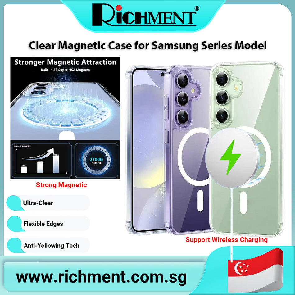 【✅SG Brand🔥】RICHMENT Magnetic Clear Phone Case For Samsung Galaxy S25 Ultra / S25 Plus / S25 5G / S25 FE / S25edge / S24 Ultra / S24 Plus / S24 5G– Anti-Yellow TPU, Built-in N52 Strong Magnets, Drop Protection, Wireless Charging & Car Mount Compatible
