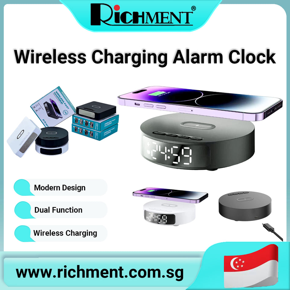【✅SG Brand🔥】RICHMENT 2-in-1 Wireless Charging Alarm Clock ⏰ | Round LED Display, Qi Fast Charger, Smart Alarm Modes |🎁 Ideal Gift for Bedroom, Office, Birthday & Christmas
