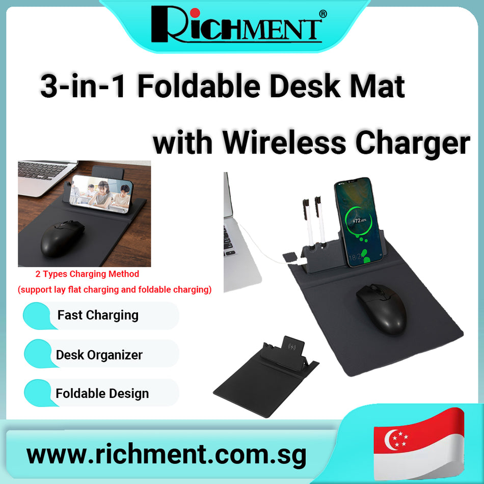 【✅SG Brand🔥】3-in-1 Portable Foldable Wireless Charging Mouse Pad – PU Leather Desk Organizer with Phone Holder, Pen Slot & Non-Slip Base for Office, School, Travel
