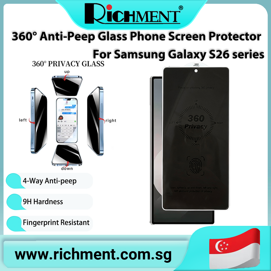 【✅SG Brand🔥】RICHMENT 360° Anti-Spy Tempered Glass Privacy Fingerprint Unlock Screen Protector 3D Curved Full Coverage Glass for Samsung Galaxy S26/S26 Plus/ S26 Ultra