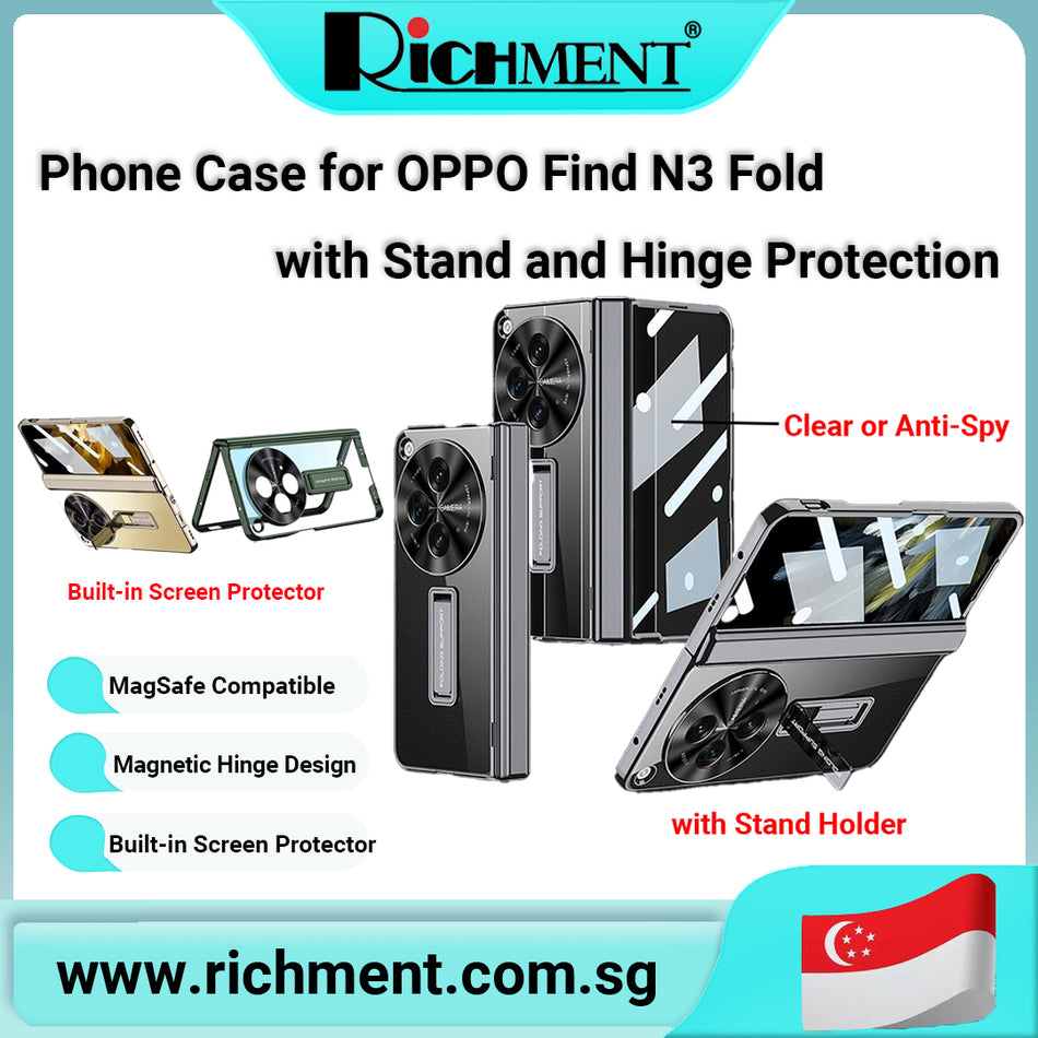 【✅SG Brand🔥】RICHMENT OPPO Find N3 Fold Case – Anti-Spy & HD Clear, Shockproof Transparent Cover with Kickstand, Hinge Protection, Built-in Screen Protector & Wireless Charging Support