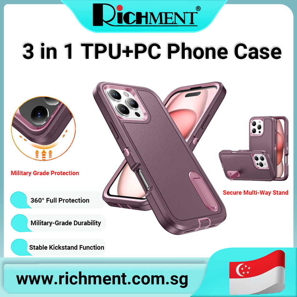 【✅SG Brand🔥】RICHMENT 3 in 1 TPU+PC Phone Case for iPhone 14/15/16 Series – Shockproof Hard PC + Soft TPU + EVA Full Body Protection Cover
