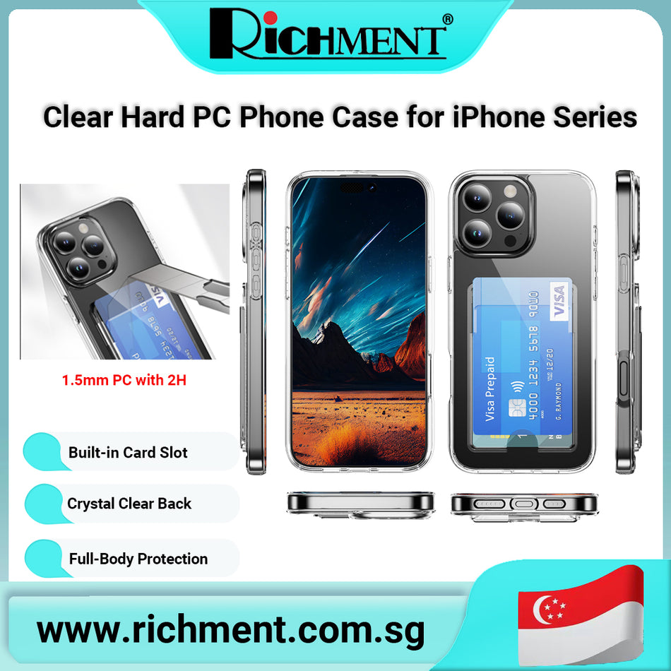 【✅SG Brand🔥】RICHMENT iPhone 16-11 Series Clear Phone Case with Card Holder | Shockproof TPU + Hard PC | Crystal Transparent Cover