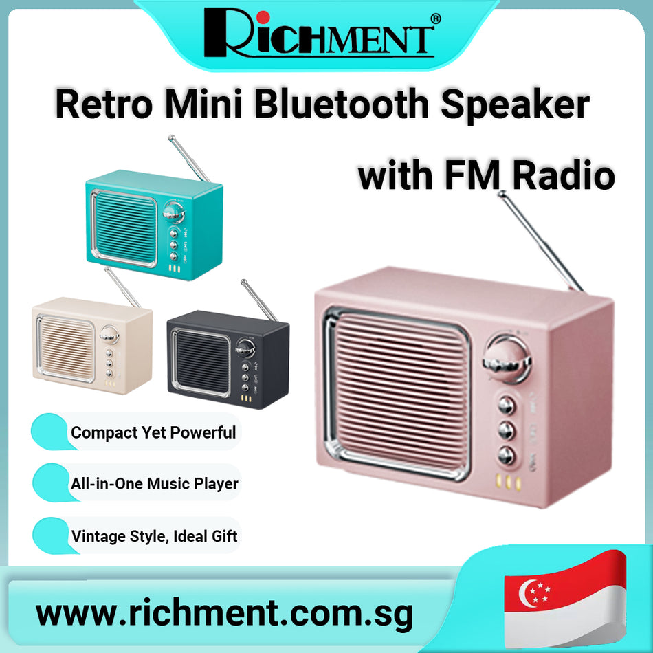 【✅SG Brand🔥】RICHMENT Retro Mini Bluetooth Speaker with FM Radio | Wireless Stereo Pairing | Portable Speaker with SD/USB/AUX Support