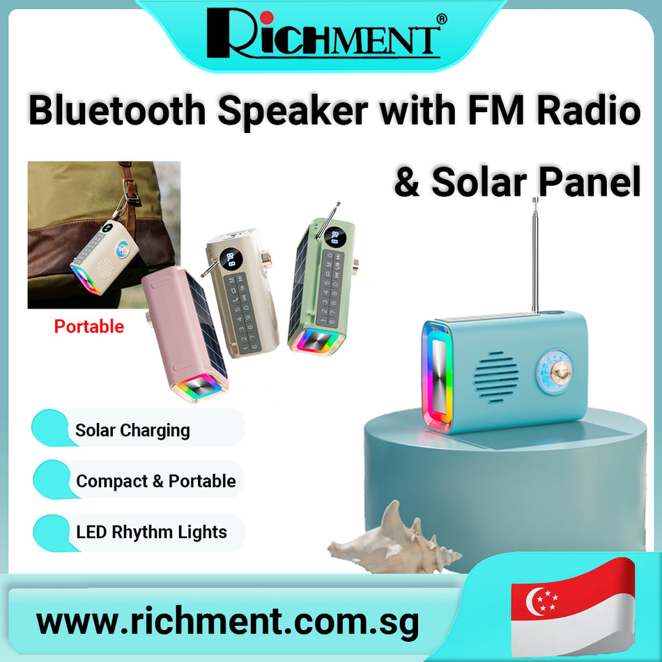 【✅SG Brand🔥】RICHMENT Portable Bluetooth Speaker with FM Radio and Solar Charger with RGB Colorful Lights Suitble for Travel,Party Office Desk Home Bedroom Kitchen,indoor/Outdoor Gifts for Women Men