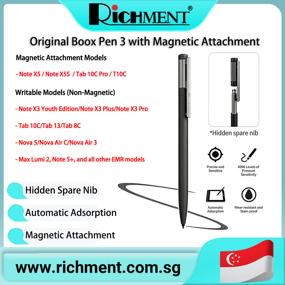 【✅SG Brand🔥】RICHMENT Original BOOX Pen 3 Active Stylus for Boox eReaders & ePaper Tablets Compatible with Nova Series, Note Series (Except Note S), Note Air Series & Max Series, Precise EMR Writing, Magnetic Attachment Supported Models