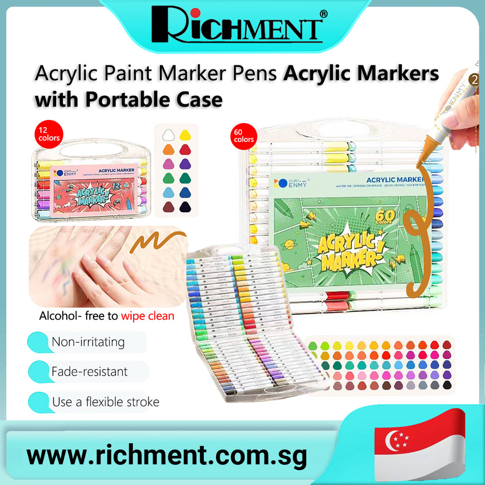 【✅SG Brand🔥】RICHMENT Acrylic Marker Paint Marker Pens with Portable Case 12，60 Colors Alcohol-Free Wipe Clean for Students Opaque, Layered Water-Based Painting Set No residue