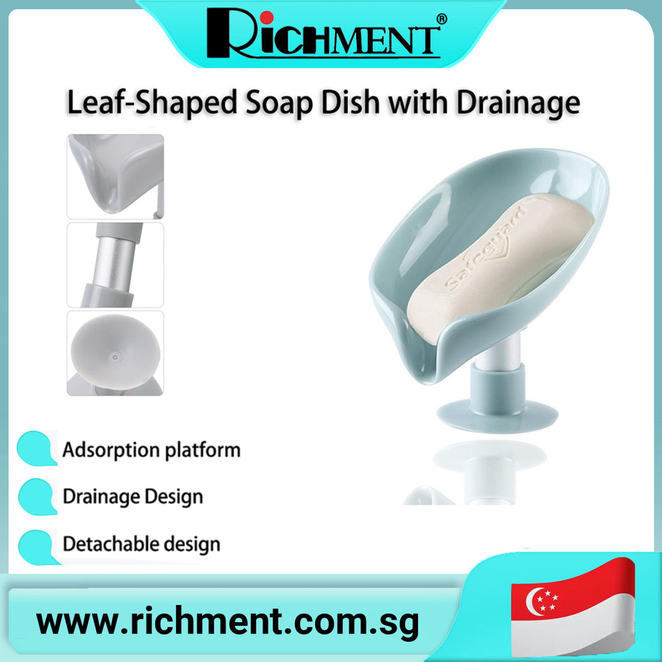 【✅SG Brand🔥】RICHMENT Leaf Shaped Self Draining Soap Holder with Powerful Suction Cup, No Drilling, Quick Dry Soap Tray for Bathroom Sink, Shower, Kitchen Countertop, Easy to Clean & Reusable