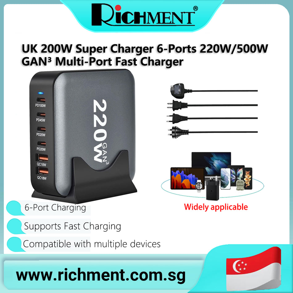 【✅SG Brand🔥】RICHMENT UK 200W Super Charger 6-Ports 220W/500W GAN³ Multi-Port Fast Charger｜PD100W/65W/QC｜Laptop/Phone