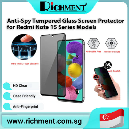 【✅SG Brand🔥】RICHMENT Silk-Printed Privacy Tempered Glass Screen Protector For Xiaomi Redmi Note 15/15 Pro/15 Pro Plus