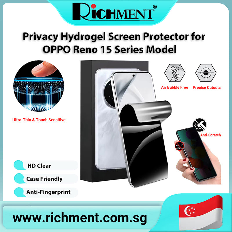 【✅SG Brand🔥】RICHMENT Full Coverage Anti-Spy Hydrogel Film Soft TPU Screen Protector  for OPPO Reno 15/15C/15 Pro/15Pro Max with Privacy Hydrogel Film, Nano Self-Healing Anti-Fingerprint Waterproof Bubble-Free Case Friendly