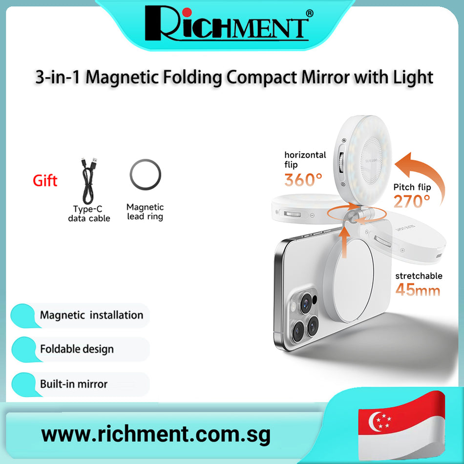 【✅SG Brand🔥】RICHMENT SELFIE LIGHT Portable MINI Magnetic  360° Fill Light  ideal for video filming and travel, compatible with iPhone and most smartphones.