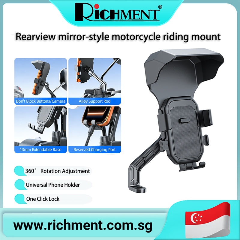 【✅SG Brand🔥】RICHMENT Bike Phone Stand Holder, Motorcycle Phone Mount, Scooter Handlebar Clamp, Detachable Rain Cover Sun Shade ALW-MTC-16