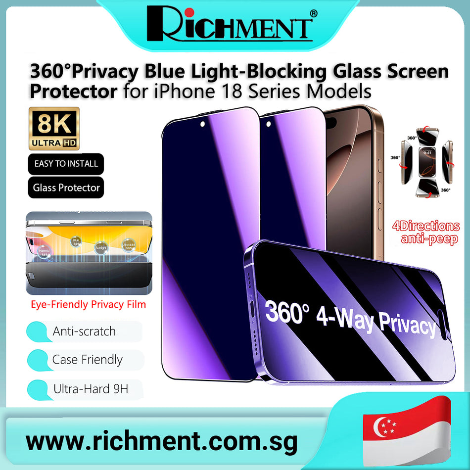 【✅SG Brand🔥】RICHMENT  360°Full Coverage Blue Light Privacy Anti-Spy Glass Screen Protector for iPhone 18/18 Pro/18ProMax Anti-Fingerprint, Full Coverage Design, Bubble-Free Application